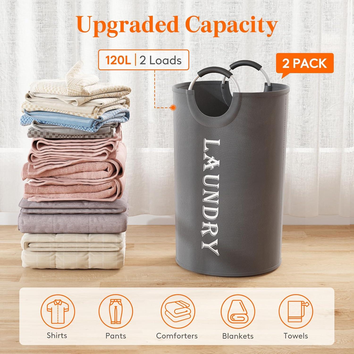 image:imageLifewit 100L 2Pack Large Laundry Basket Collapsible Laundry Hamper with Aluminum Handles Waterproof Freestanding Dirty Clothes Hampers for Laundry Room Bedroom Dorm Bathroom BlackGrey