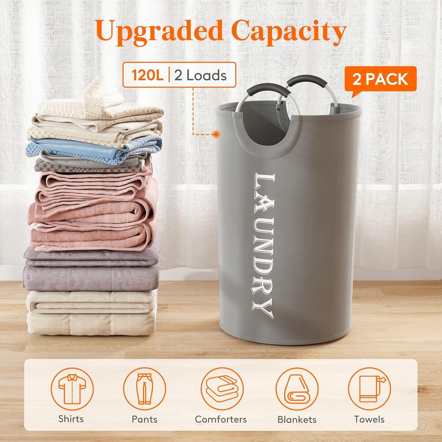 image:imageLifewit 100L 2Pack Large Laundry Basket Collapsible Laundry Hamper with Aluminum Handles Waterproof Freestanding Dirty Clothes Hampers for Laundry Room Bedroom Dorm Bathroom BlackSilver Grey