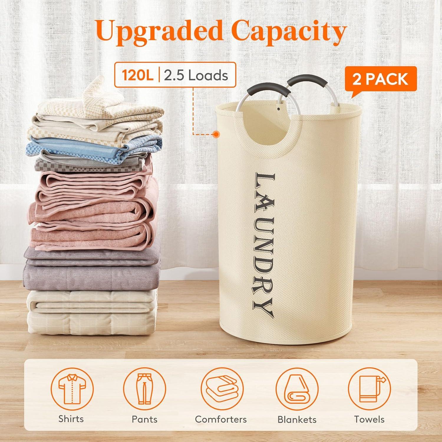 image:imageLifewit 100L 2Pack Large Laundry Basket Collapsible Laundry Hamper with Aluminum Handles Waterproof Freestanding Dirty Clothes Hampers for Laundry Room Bedroom Dorm Bathroom BlackWhite