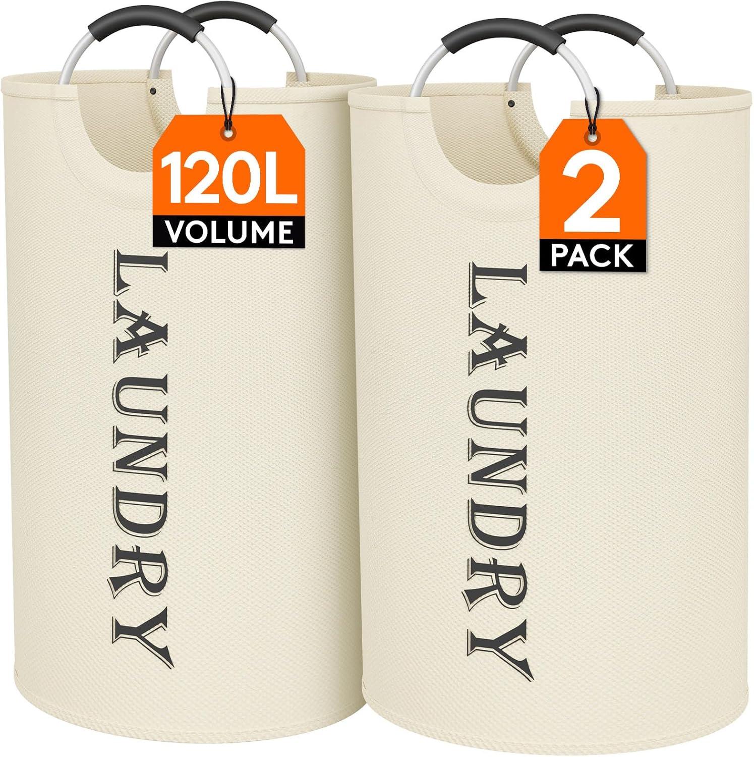 image:imageLifewit 100L 2Pack Large Laundry Basket Collapsible Laundry Hamper with Aluminum Handles Waterproof Freestanding Dirty Clothes Hampers for Laundry Room Bedroom Dorm Bathroom BlackWhite