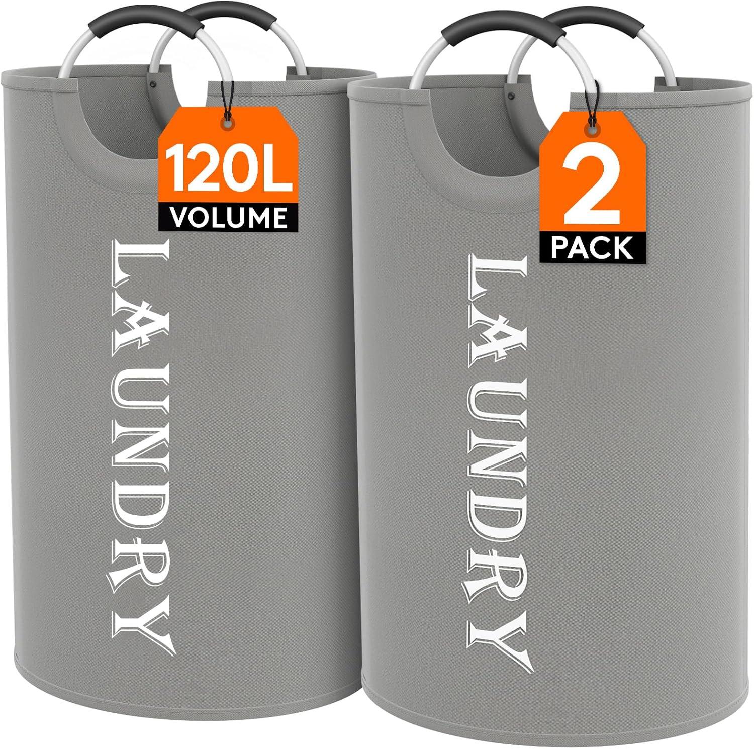 image:imageLifewit 100L 2Pack Large Laundry Basket Collapsible Laundry Hamper with Aluminum Handles Waterproof Freestanding Dirty Clothes Hampers for Laundry Room Bedroom Dorm Bathroom BlackSilver Grey