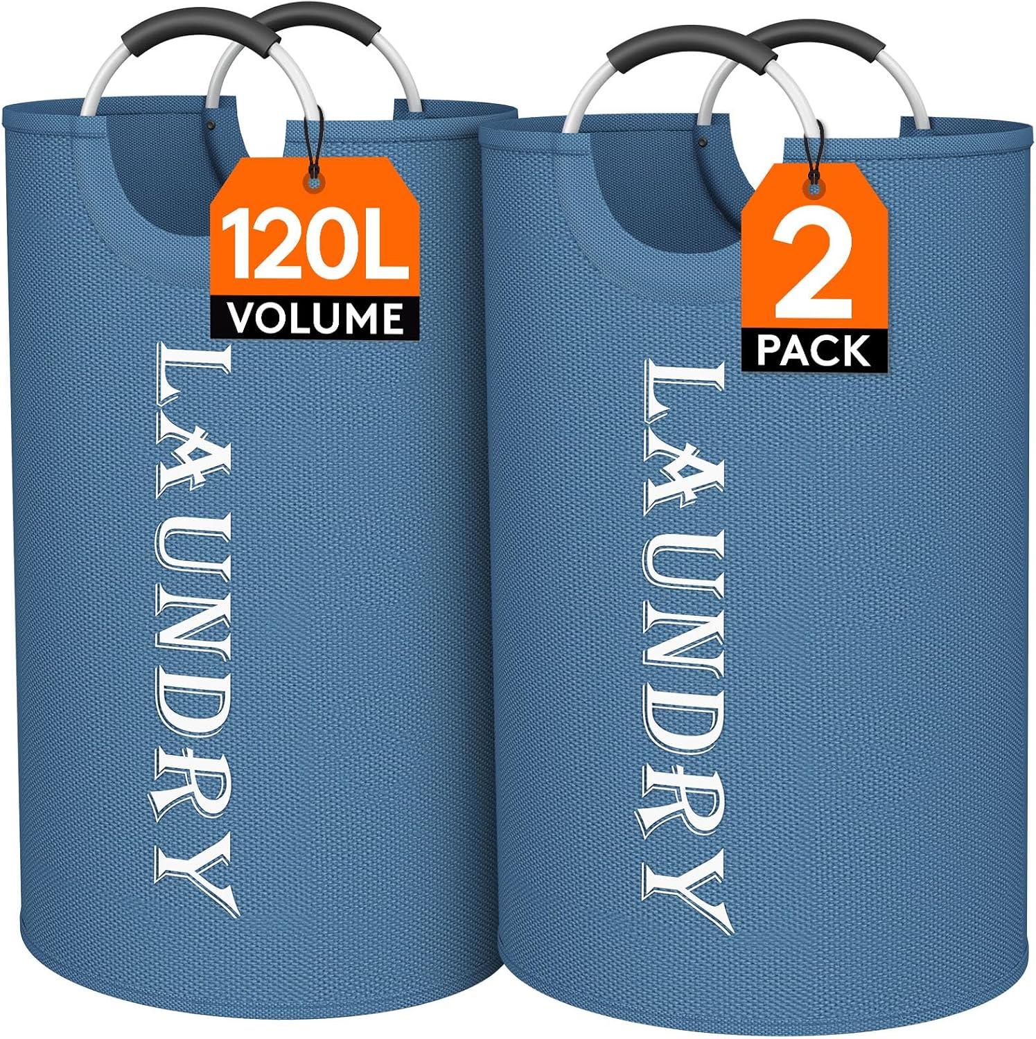 image:imageLifewit 100L 2Pack Large Laundry Basket Collapsible Laundry Hamper with Aluminum Handles Waterproof Freestanding Dirty Clothes Hampers for Laundry Room Bedroom Dorm Bathroom BlackBlue