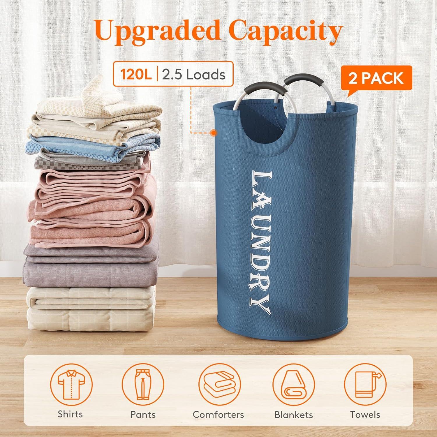 image:imageLifewit 100L 2Pack Large Laundry Basket Collapsible Laundry Hamper with Aluminum Handles Waterproof Freestanding Dirty Clothes Hampers for Laundry Room Bedroom Dorm Bathroom BlackBlue