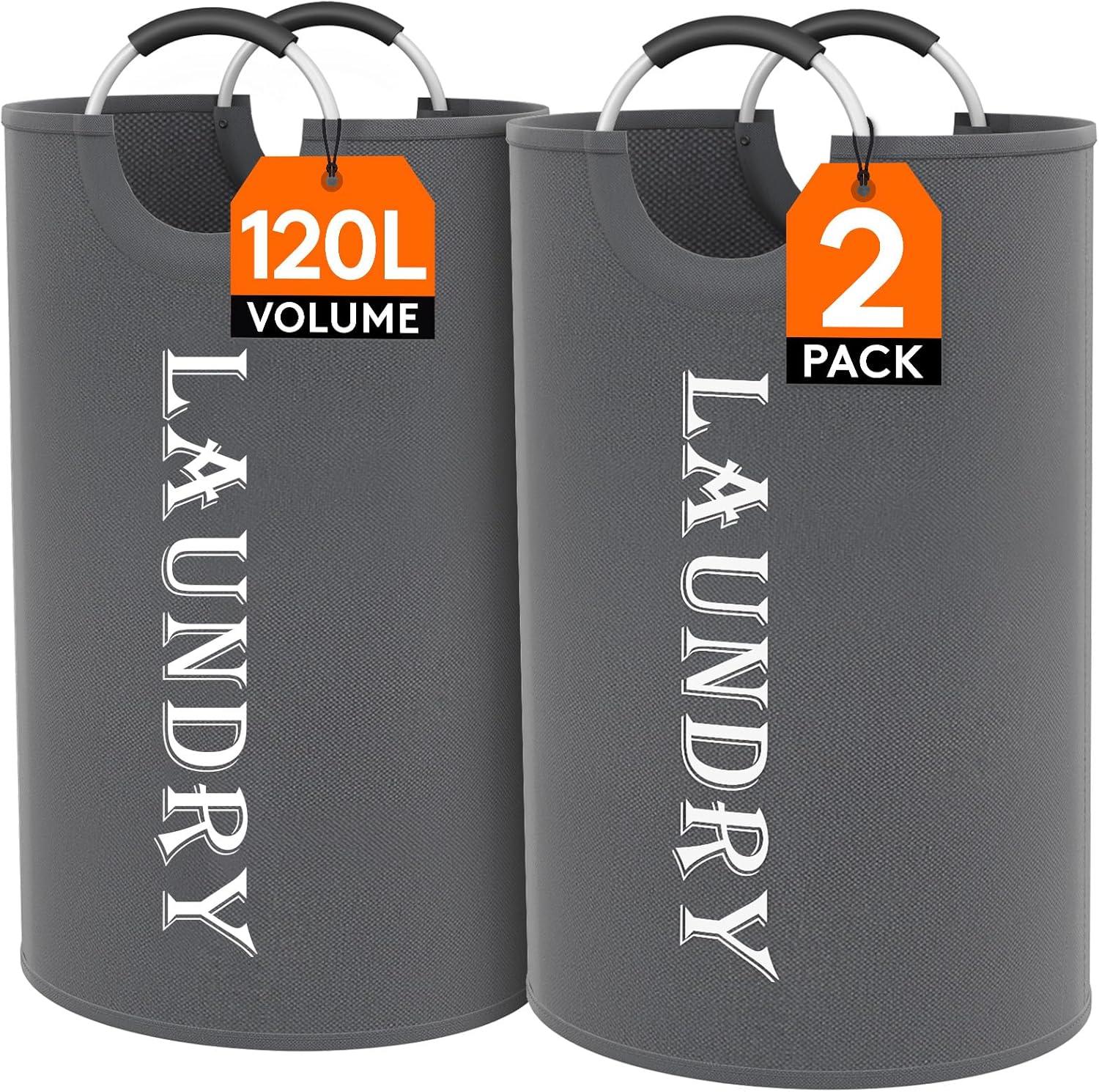 image:imageLifewit 100L 2Pack Large Laundry Basket Collapsible Laundry Hamper with Aluminum Handles Waterproof Freestanding Dirty Clothes Hampers for Laundry Room Bedroom Dorm Bathroom BlackGrey