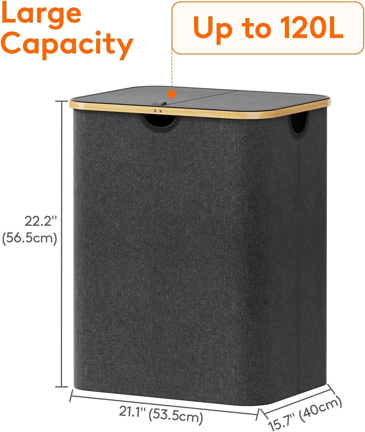 image:imageLifewit 100L Laundry Basket with Lid Clothes Hampers for Laundry with Bamboo Handles and A Removable Bag Large Foldable Laundry Hamper for Bedroom Bathroom Dorm Laundry Room BeigeDark Gray