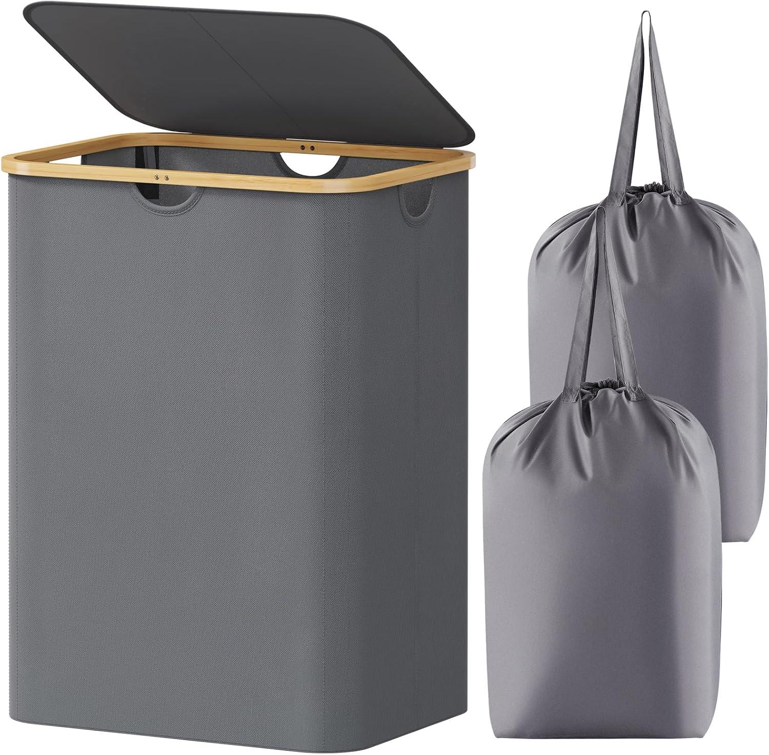 image:imageLifewit 100L Laundry Basket with Lid Clothes Hampers for Laundry with Bamboo Handles and A Removable Bag Large Foldable Laundry Hamper for Bedroom Bathroom Dorm Laundry Room BeigeGray