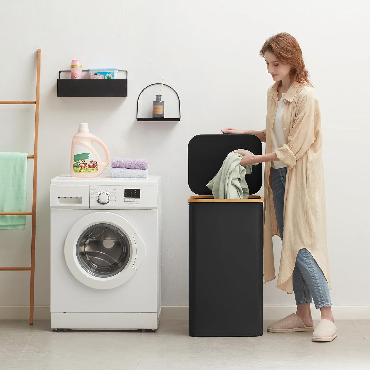 image:imageLifewit 100L Laundry Basket with Lid Clothes Hampers for Laundry with Bamboo Handles and A Removable Bag Large Foldable Laundry Hamper for Bedroom Bathroom Dorm Laundry Room BeigeBlack