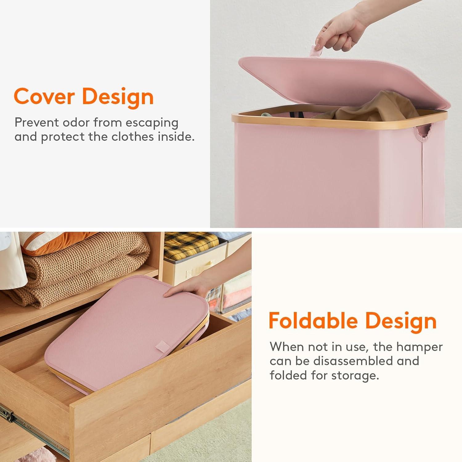 image:imageLifewit 100L Laundry Basket with Lid Clothes Hampers for Laundry with Bamboo Handles and A Removable Bag Large Foldable Laundry Hamper for Bedroom Bathroom Dorm Laundry Room BeigePink