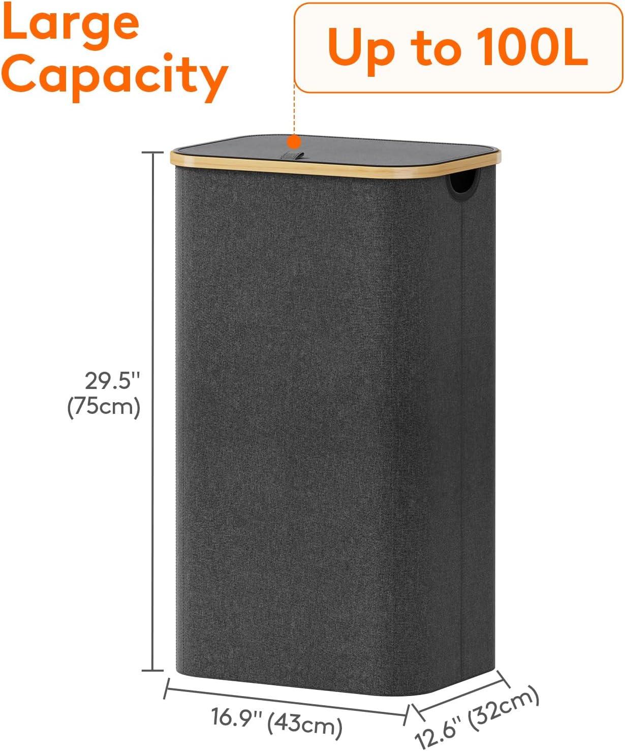 image:imageLifewit 100L Laundry Basket with Lid Clothes Hampers for Laundry with Bamboo Handles and A Removable Bag Large Foldable Laundry Hamper for Bedroom Bathroom Dorm Laundry Room BeigeDark Gray