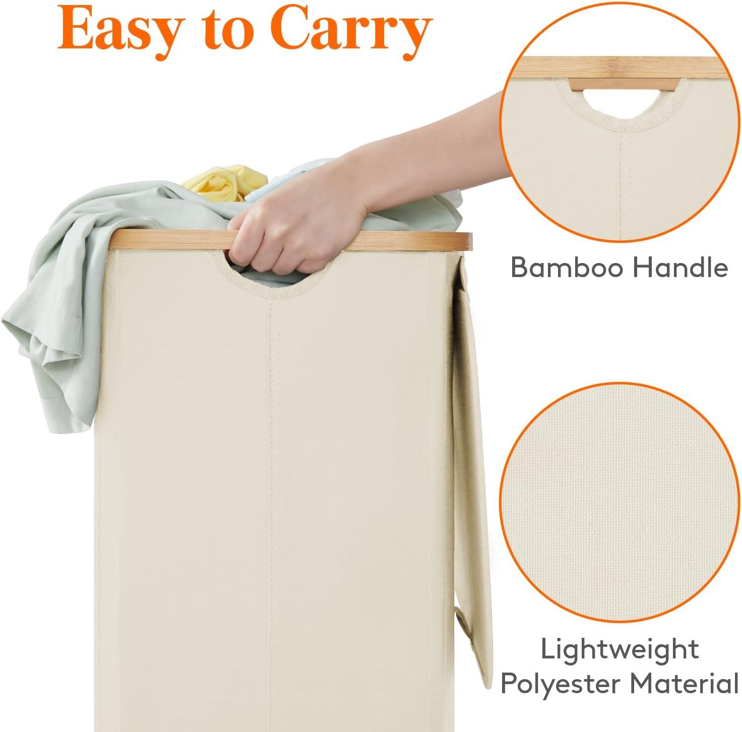 image:imageLifewit 100L Laundry Basket with Lid Clothes Hampers for Laundry with Bamboo Handles and A Removable Bag Large Foldable Laundry Hamper for Bedroom Bathroom Dorm Laundry Room BeigeWhite