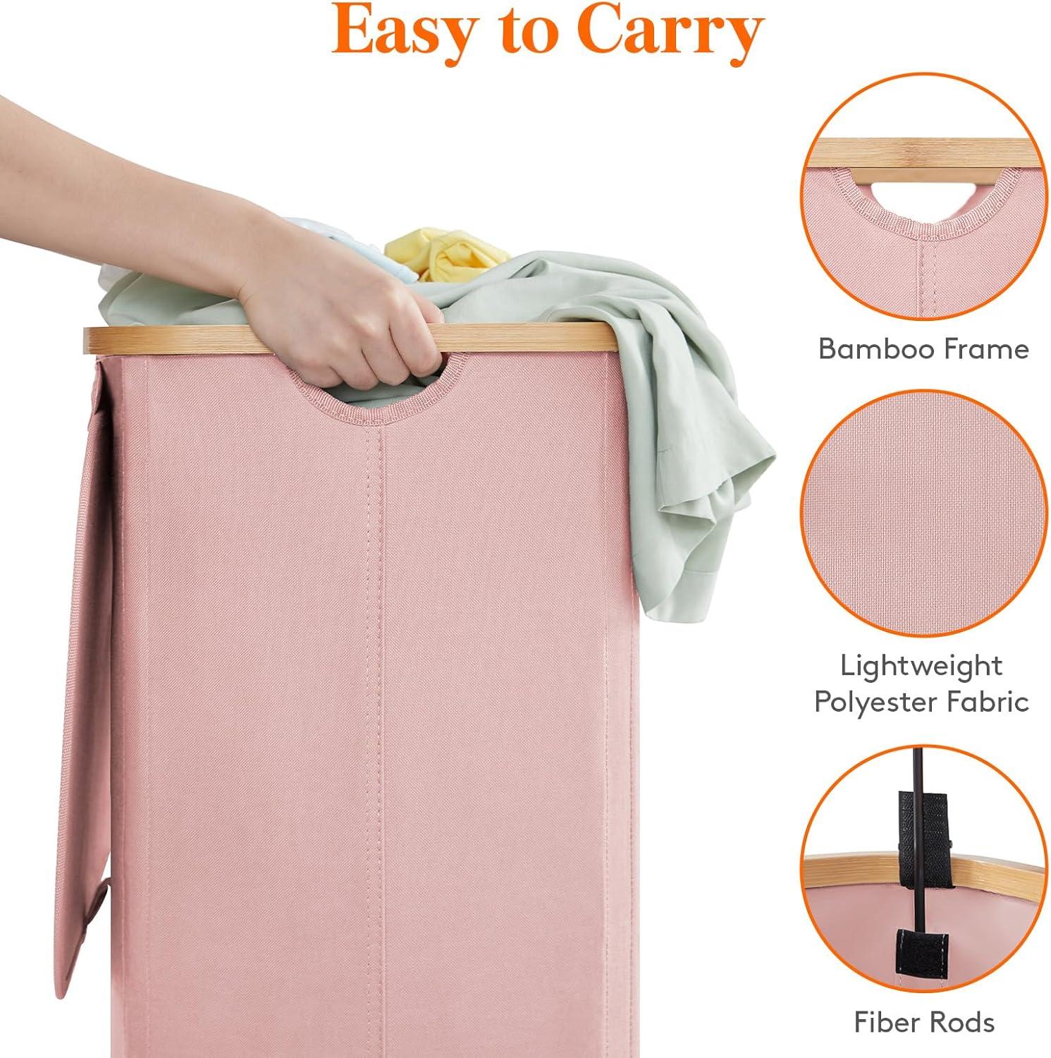 image:imageLifewit 100L Laundry Basket with Lid Clothes Hampers for Laundry with Bamboo Handles and A Removable Bag Large Foldable Laundry Hamper for Bedroom Bathroom Dorm Laundry Room BeigePink