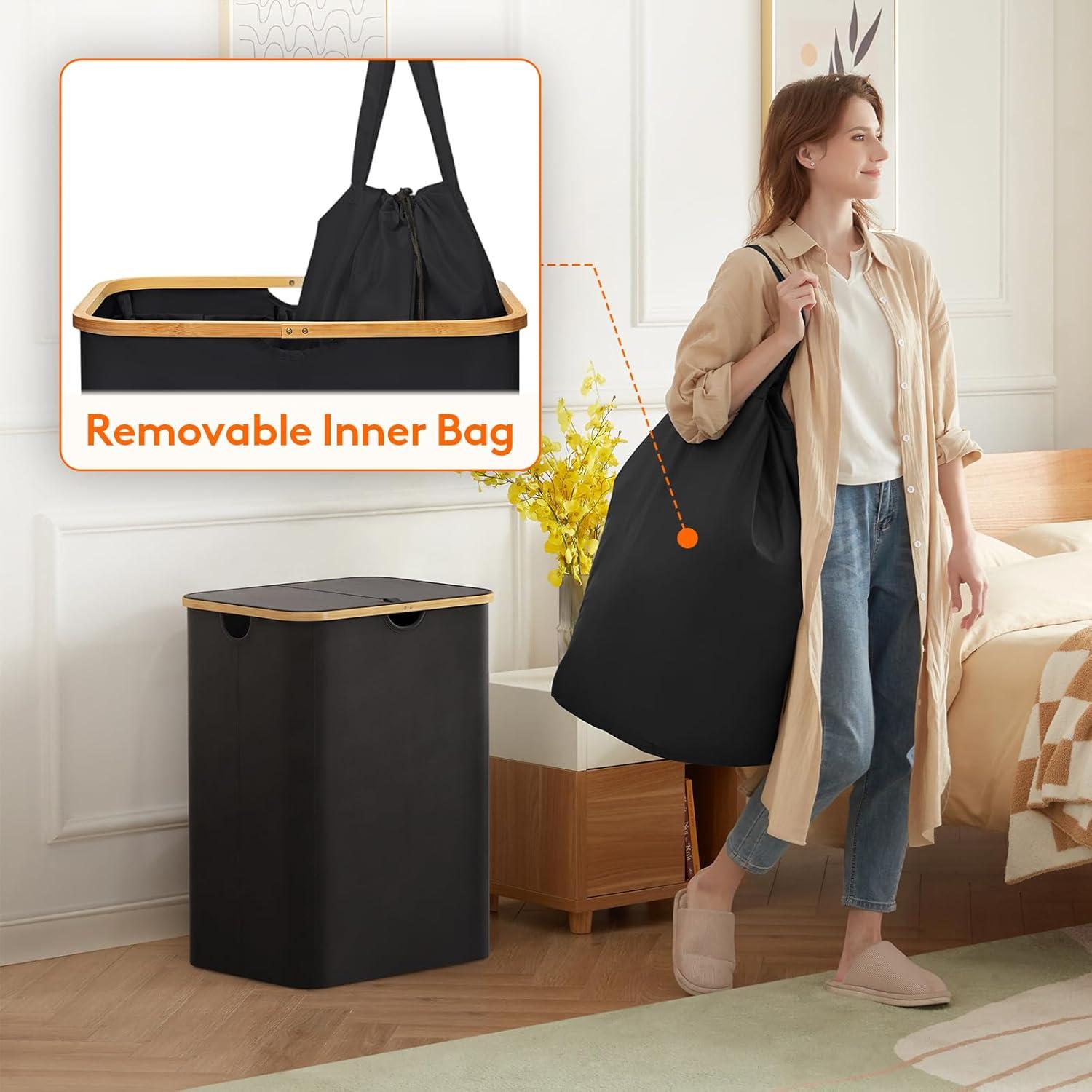 image:imageLifewit 100L Laundry Basket with Lid Clothes Hampers for Laundry with Bamboo Handles and A Removable Bag Large Foldable Laundry Hamper for Bedroom Bathroom Dorm Laundry Room BeigeBlack
