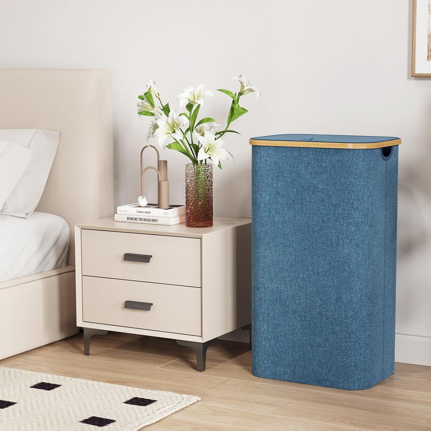 image:imageLifewit 100L Laundry Basket with Lid Clothes Hampers for Laundry with Bamboo Handles and A Removable Bag Large Foldable Laundry Hamper for Bedroom Bathroom Dorm Laundry Room BeigeDark Blue