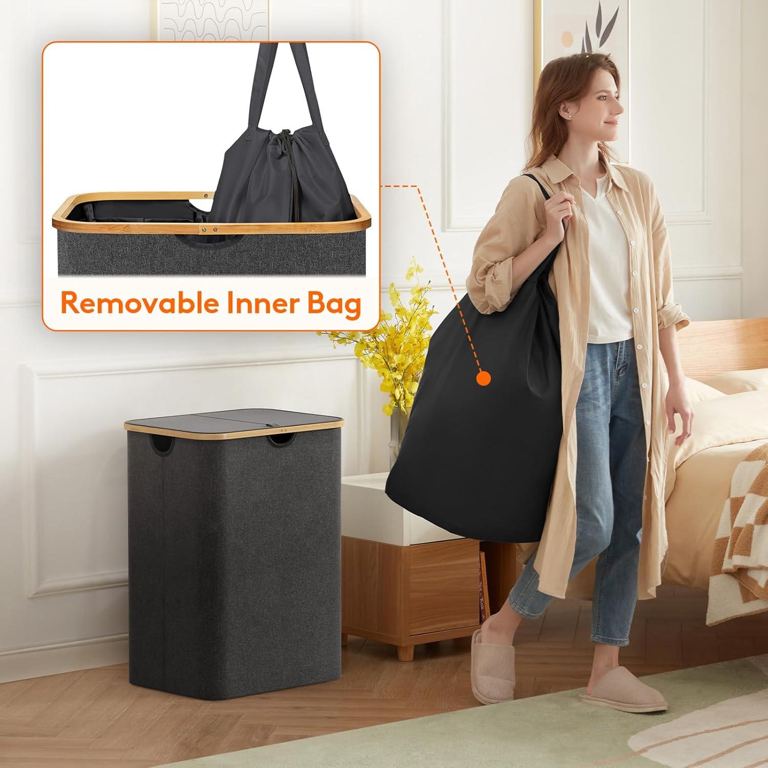 image:imageLifewit 100L Laundry Basket with Lid Clothes Hampers for Laundry with Bamboo Handles and A Removable Bag Large Foldable Laundry Hamper for Bedroom Bathroom Dorm Laundry Room BeigeDark Gray