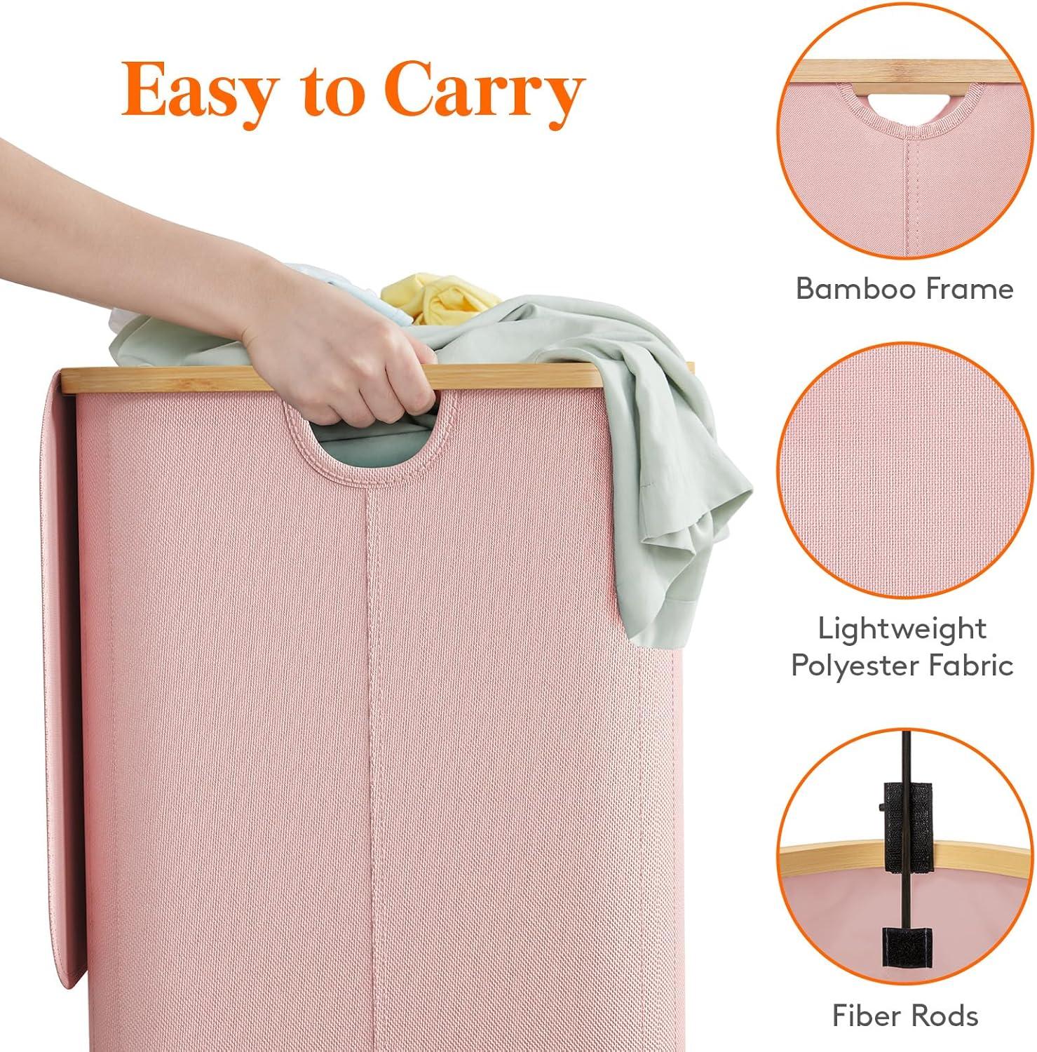 image:imageLifewit 100L Laundry Basket with Lid Clothes Hampers for Laundry with Bamboo Handles and A Removable Bag Large Foldable Laundry Hamper for Bedroom Bathroom Dorm Laundry Room BeigePink