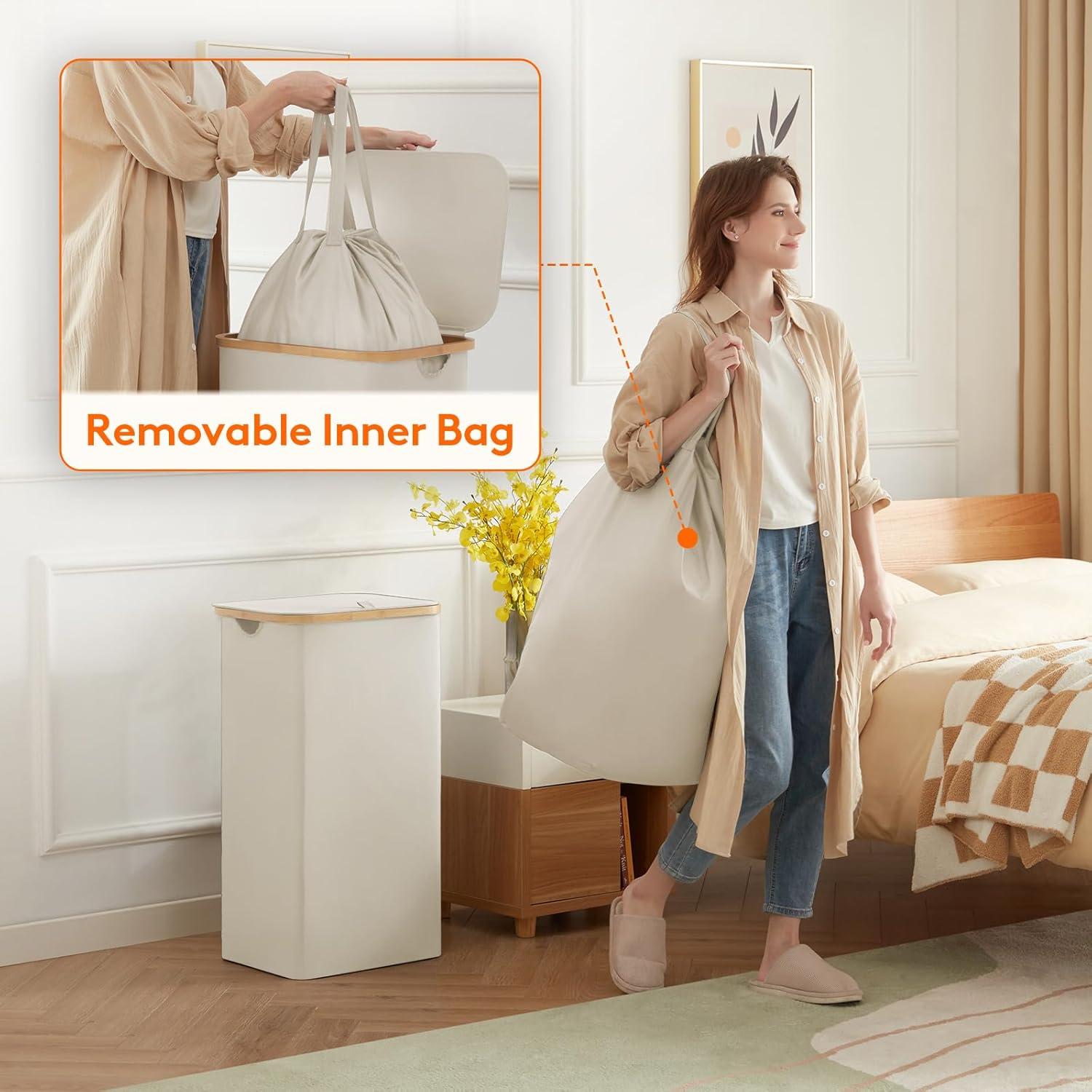 image:imageLifewit 100L Laundry Basket with Lid Clothes Hampers for Laundry with Bamboo Handles and A Removable Bag Large Foldable Laundry Hamper for Bedroom Bathroom Dorm Laundry Room BeigeWhite