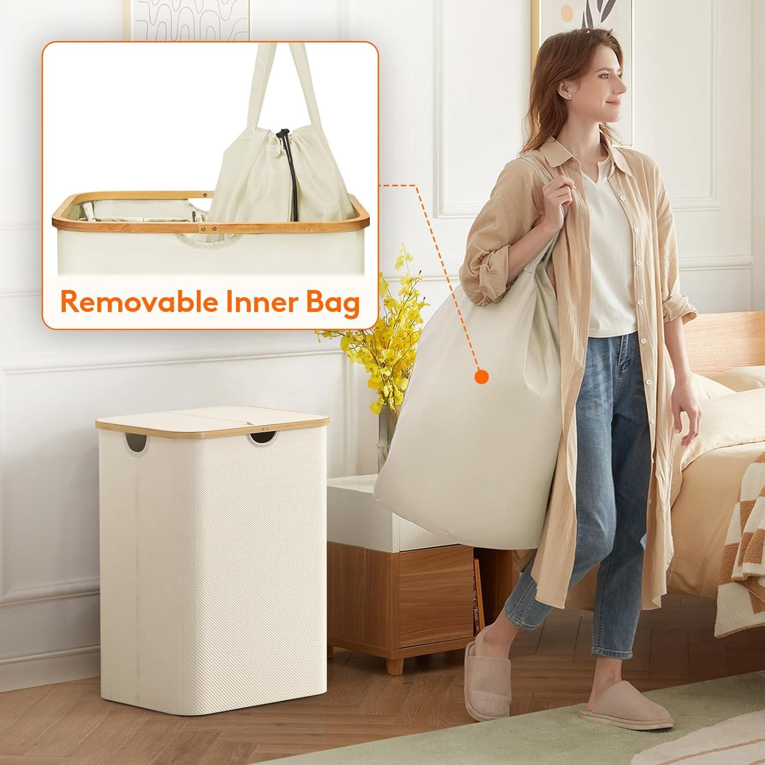 image:imageLifewit 100L Laundry Basket with Lid Clothes Hampers for Laundry with Bamboo Handles and A Removable Bag Large Foldable Laundry Hamper for Bedroom Bathroom Dorm Laundry Room BeigeWhite