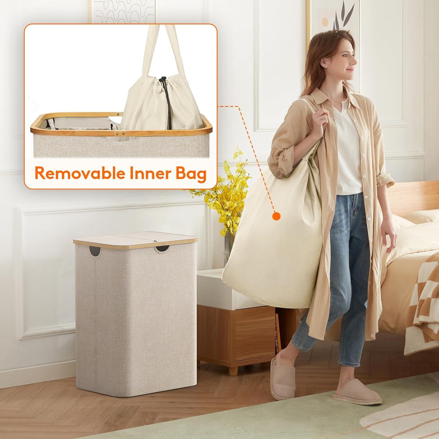 image:imageLifewit 100L Laundry Basket with Lid Clothes Hampers for Laundry with Bamboo Handles and A Removable Bag Large Foldable Laundry Hamper for Bedroom Bathroom Dorm Laundry Room BeigeBeige