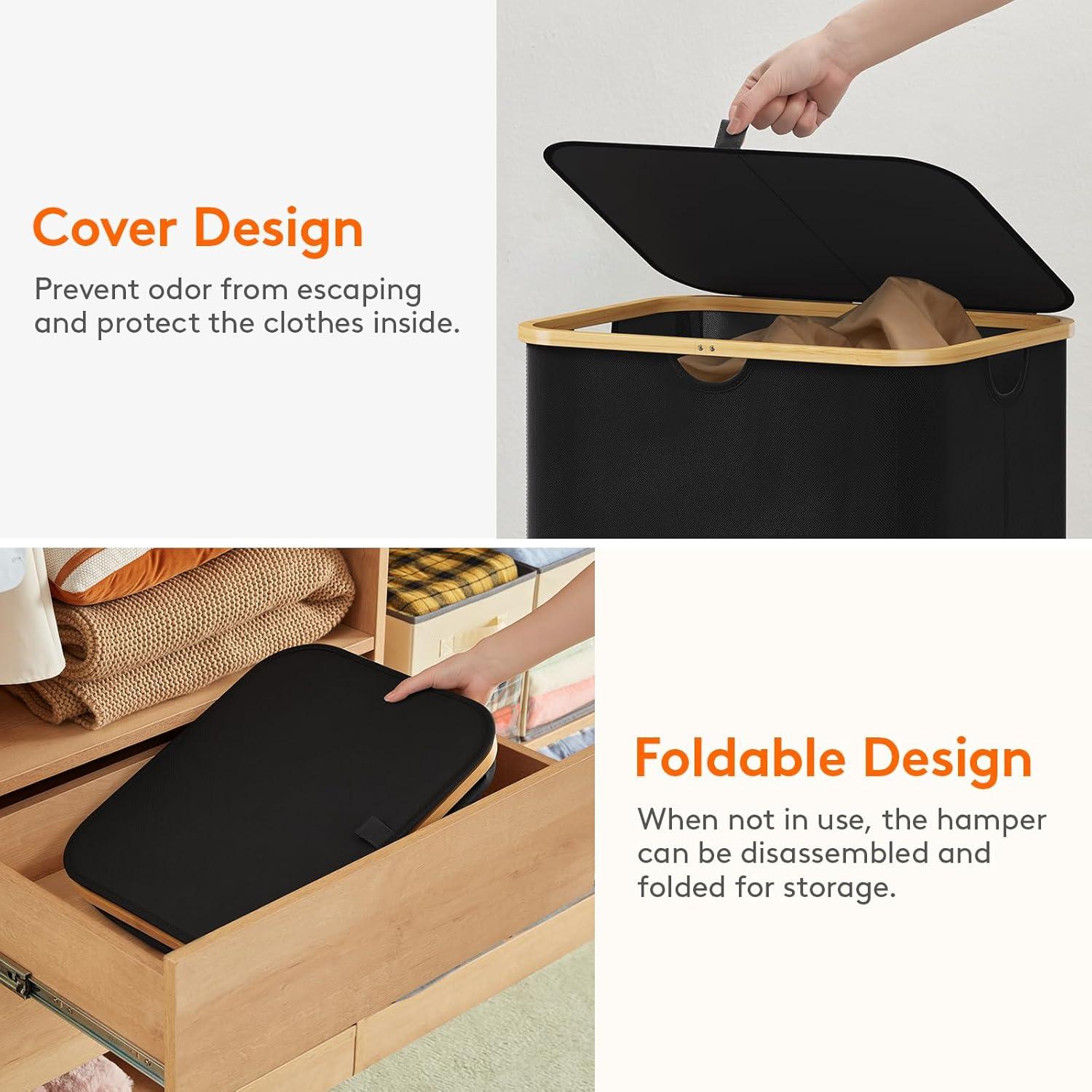 image:imageLifewit 100L Laundry Basket with Lid Clothes Hampers for Laundry with Bamboo Handles and A Removable Bag Large Foldable Laundry Hamper for Bedroom Bathroom Dorm Laundry Room BeigeBlack