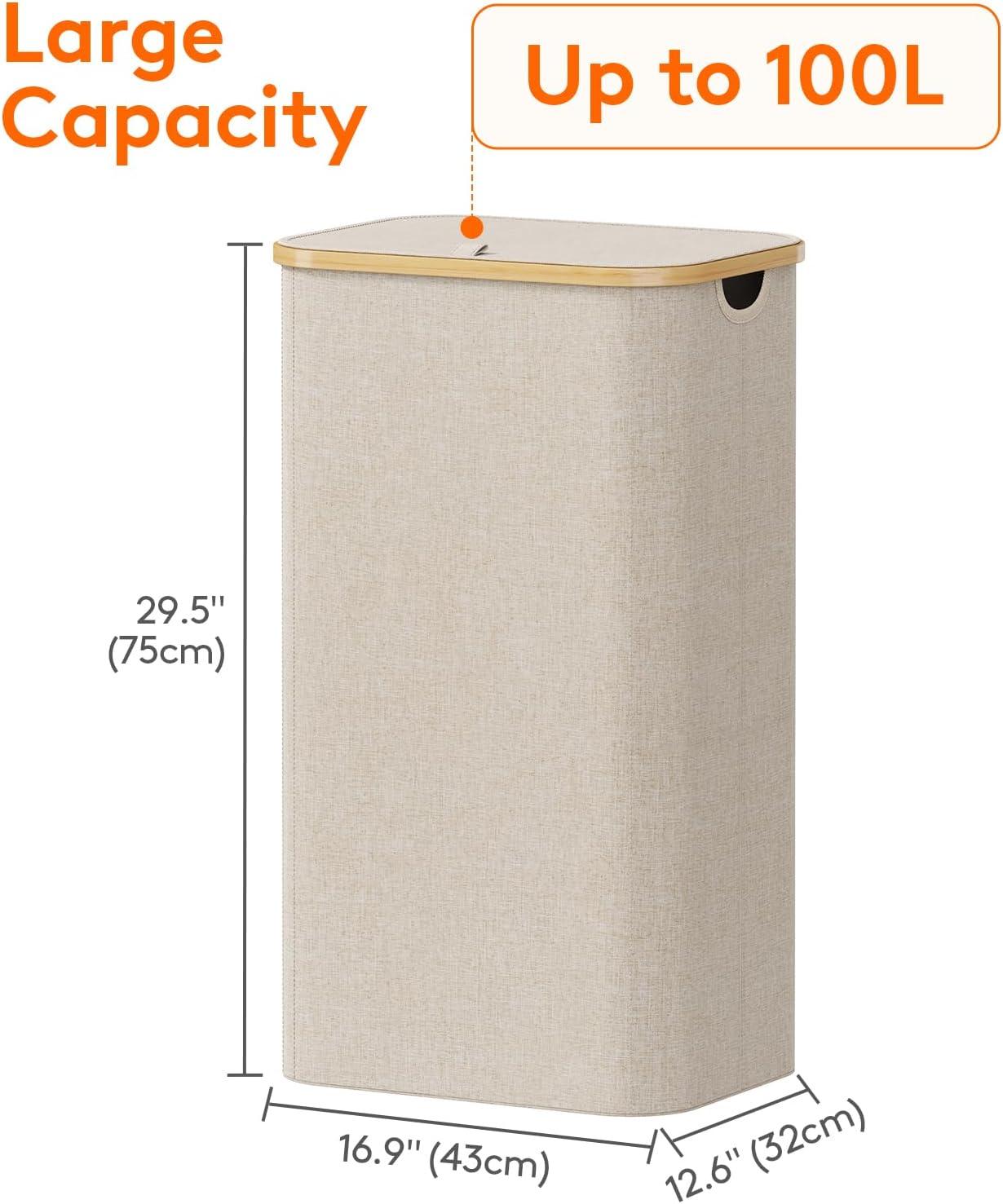 image:imageLifewit 100L Laundry Basket with Lid Clothes Hampers for Laundry with Bamboo Handles and A Removable Bag Large Foldable Laundry Hamper for Bedroom Bathroom Dorm Laundry Room BeigeBeige