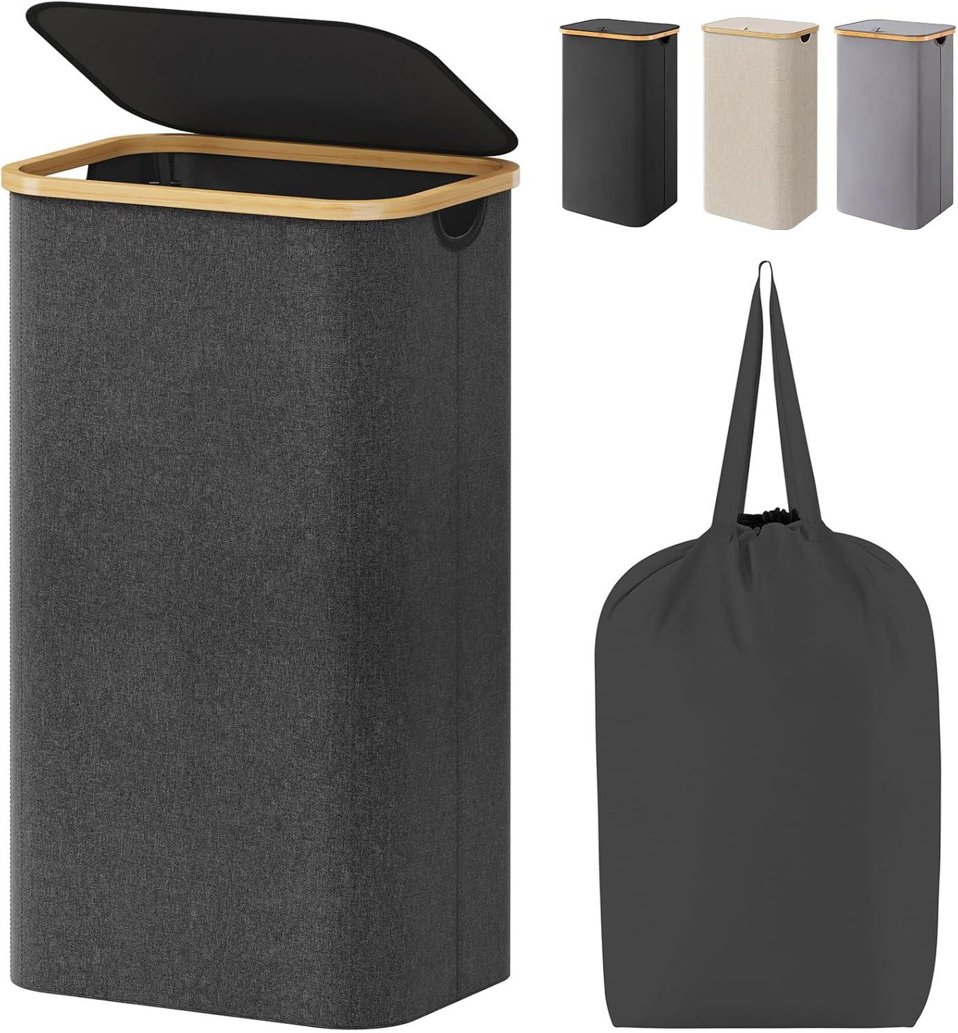 image:imageLifewit 100L Laundry Basket with Lid Clothes Hampers for Laundry with Bamboo Handles and A Removable Bag Large Foldable Laundry Hamper for Bedroom Bathroom Dorm Laundry Room BeigeDark Gray