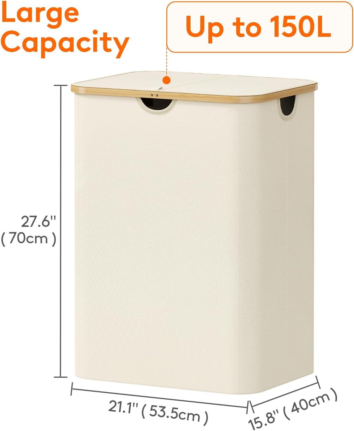 image:imageLifewit 100L Laundry Basket with Lid Clothes Hampers for Laundry with Bamboo Handles and A Removable Bag Large Foldable Laundry Hamper for Bedroom Bathroom Dorm Laundry Room BeigeWhite
