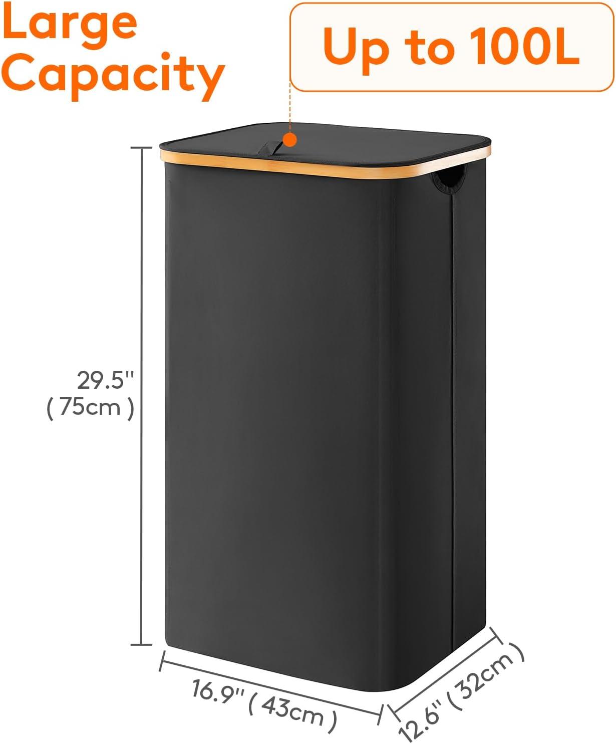 image:imageLifewit 100L Laundry Basket with Lid Clothes Hampers for Laundry with Bamboo Handles and A Removable Bag Large Foldable Laundry Hamper for Bedroom Bathroom Dorm Laundry Room BeigeBlack