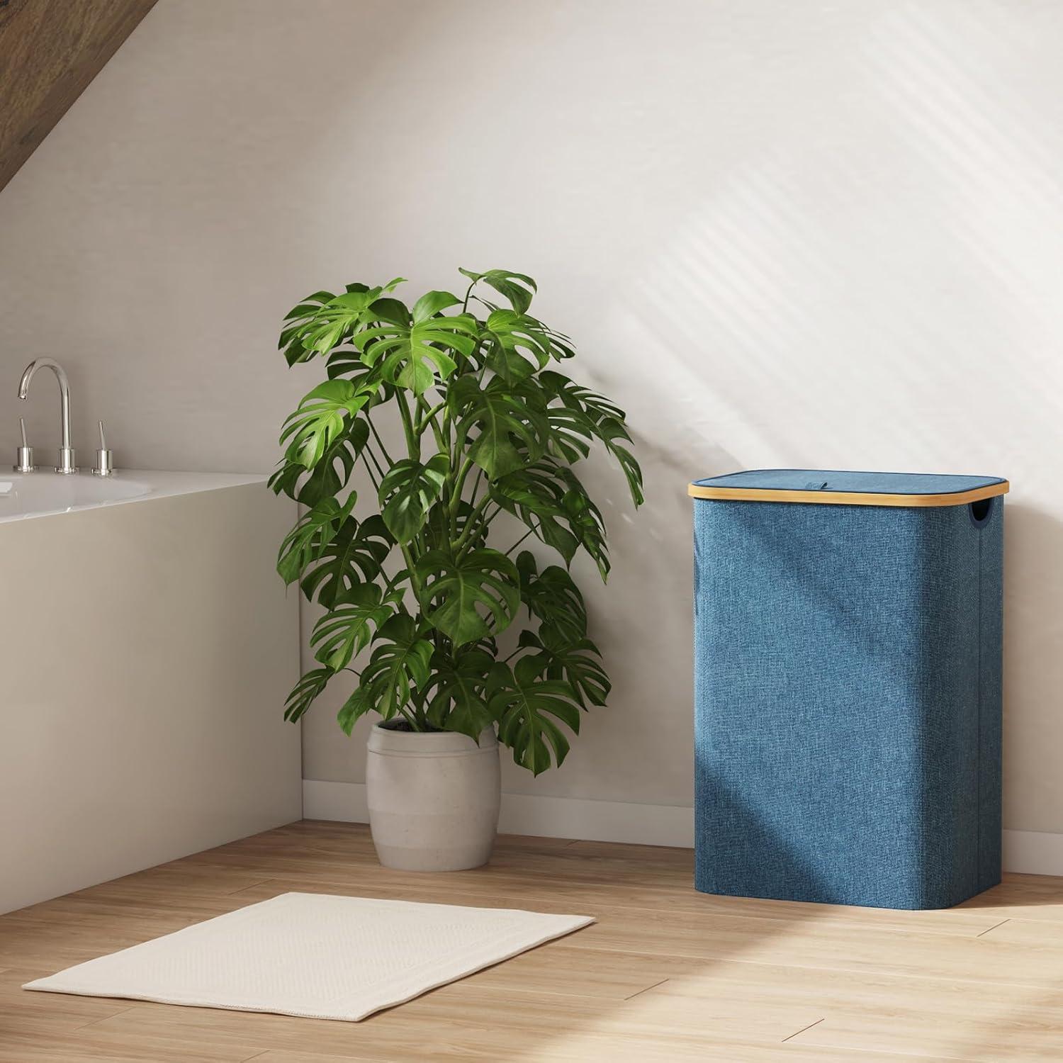 image:imageLifewit 100L Laundry Basket with Lid Clothes Hampers for Laundry with Bamboo Handles and A Removable Bag Large Foldable Laundry Hamper for Bedroom Bathroom Dorm Laundry Room BeigeDark Blue