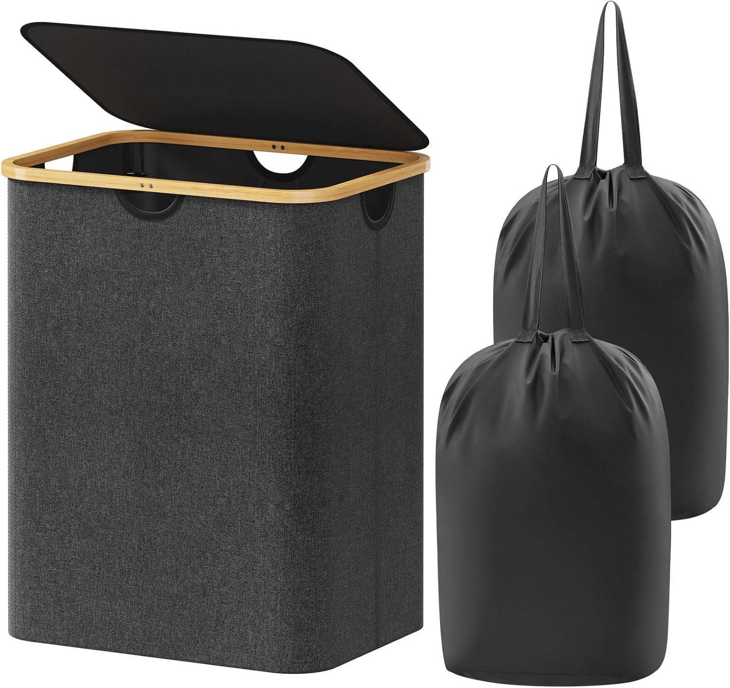 image:imageLifewit 100L Laundry Basket with Lid Clothes Hampers for Laundry with Bamboo Handles and A Removable Bag Large Foldable Laundry Hamper for Bedroom Bathroom Dorm Laundry Room BeigeDark Gray