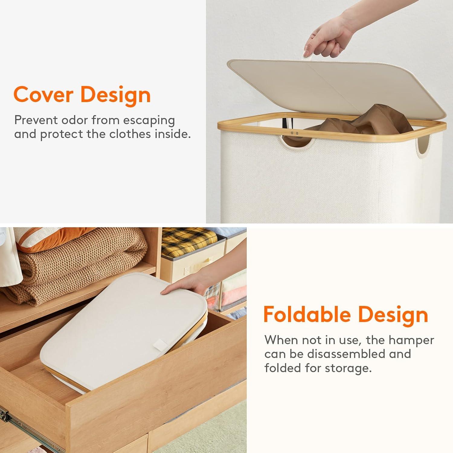 image:imageLifewit 100L Laundry Basket with Lid Clothes Hampers for Laundry with Bamboo Handles and A Removable Bag Large Foldable Laundry Hamper for Bedroom Bathroom Dorm Laundry Room BeigeOff White