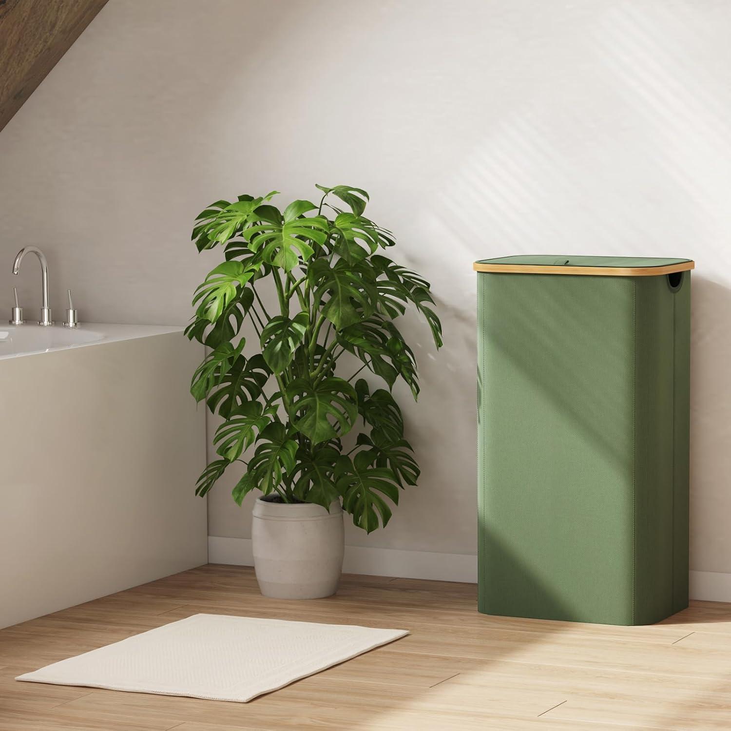 image:imageLifewit 100L Laundry Basket with Lid Clothes Hampers for Laundry with Bamboo Handles and A Removable Bag Large Foldable Laundry Hamper for Bedroom Bathroom Dorm Laundry Room BeigeGreen