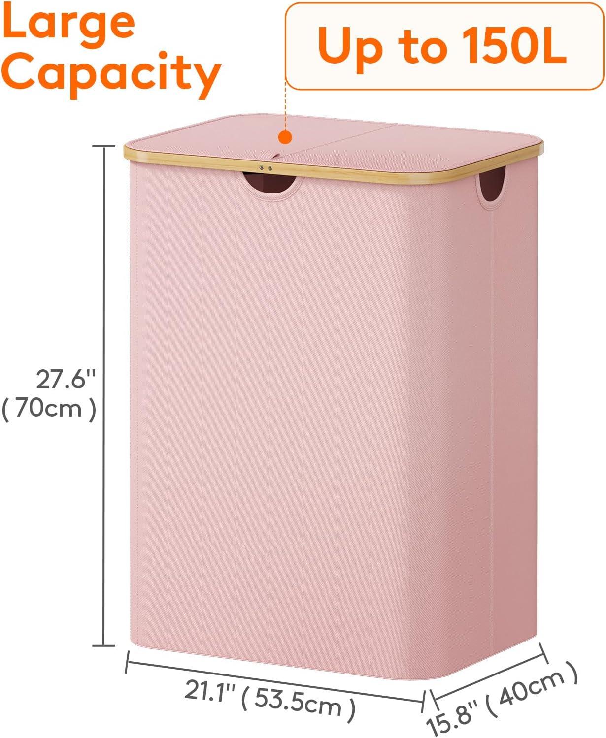 image:imageLifewit 100L Laundry Basket with Lid Clothes Hampers for Laundry with Bamboo Handles and A Removable Bag Large Foldable Laundry Hamper for Bedroom Bathroom Dorm Laundry Room BeigePink