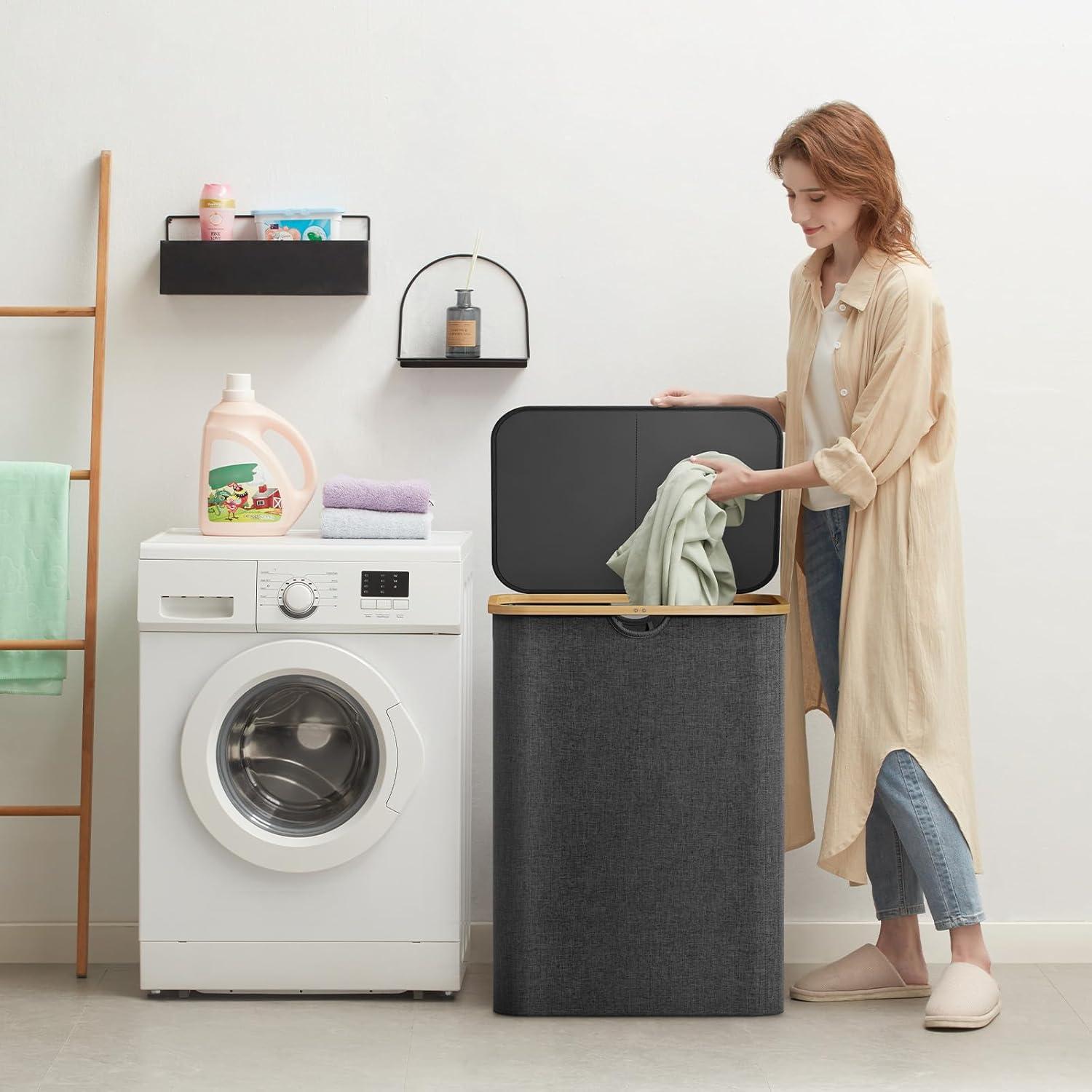 image:imageLifewit 100L Laundry Basket with Lid Clothes Hampers for Laundry with Bamboo Handles and A Removable Bag Large Foldable Laundry Hamper for Bedroom Bathroom Dorm Laundry Room BeigeDark Gray