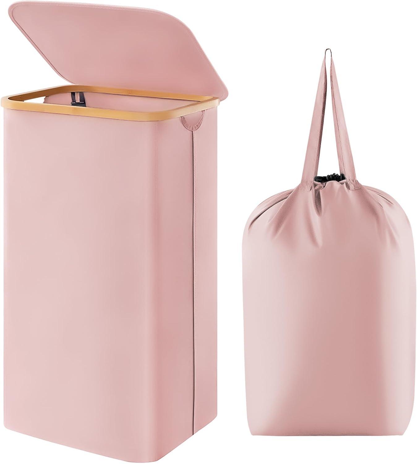 image:imageLifewit 100L Laundry Basket with Lid Clothes Hampers for Laundry with Bamboo Handles and A Removable Bag Large Foldable Laundry Hamper for Bedroom Bathroom Dorm Laundry Room BeigePink