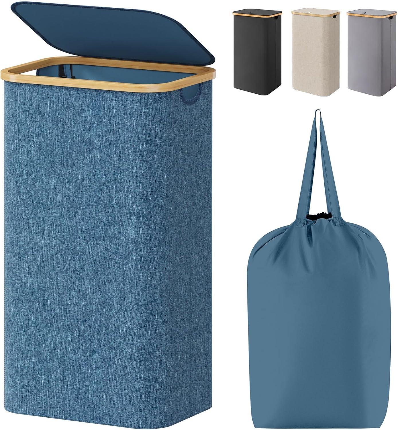 image:imageLifewit 100L Laundry Basket with Lid Clothes Hampers for Laundry with Bamboo Handles and A Removable Bag Large Foldable Laundry Hamper for Bedroom Bathroom Dorm Laundry Room BeigeDark Blue