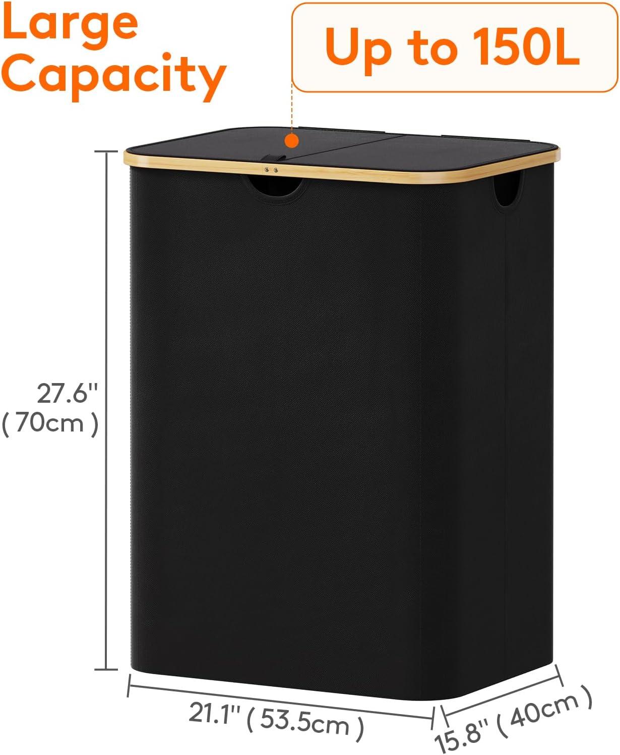 image:imageLifewit 100L Laundry Basket with Lid Clothes Hampers for Laundry with Bamboo Handles and A Removable Bag Large Foldable Laundry Hamper for Bedroom Bathroom Dorm Laundry Room BeigeBlack