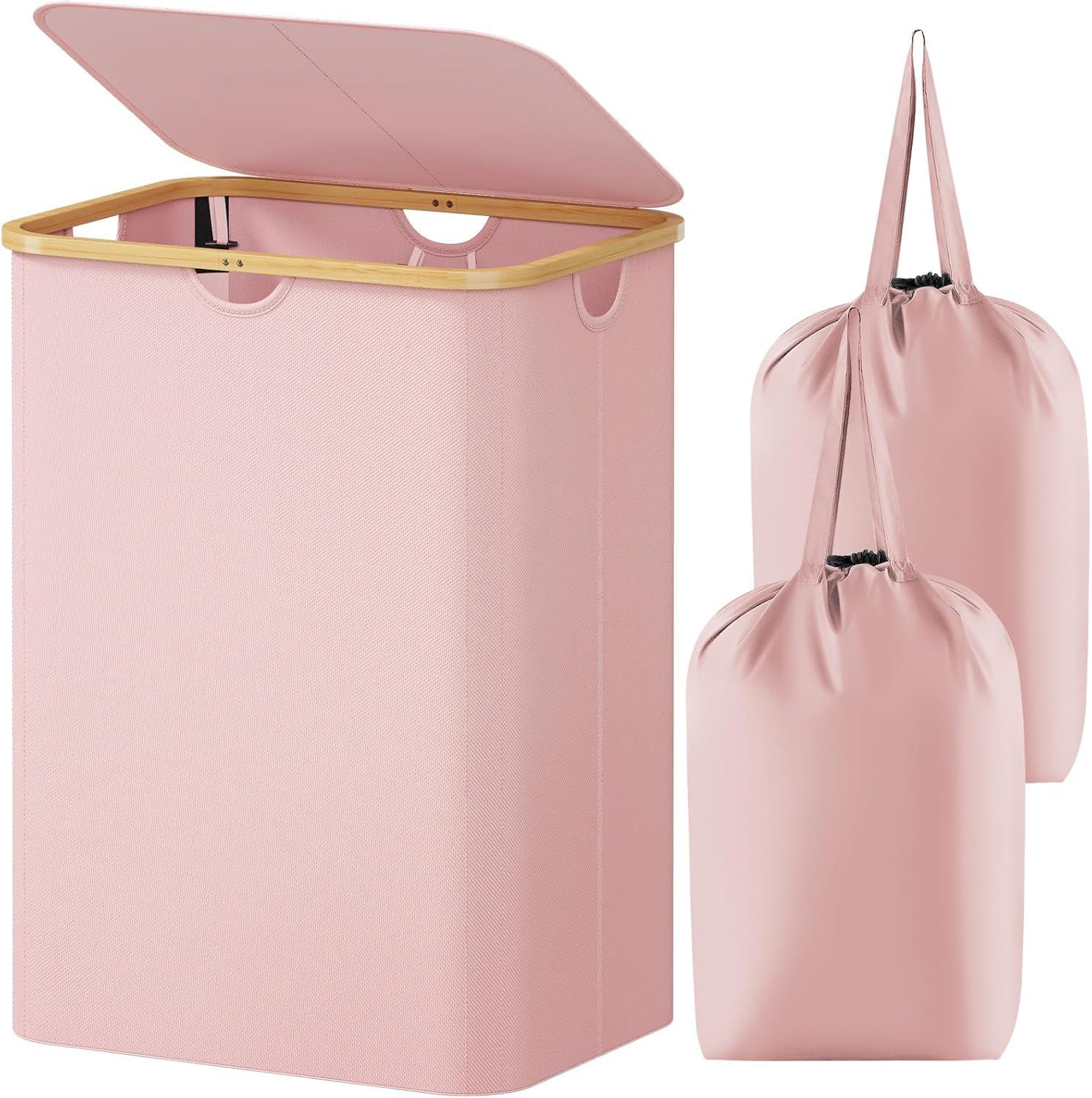 image:imageLifewit 100L Laundry Basket with Lid Clothes Hampers for Laundry with Bamboo Handles and A Removable Bag Large Foldable Laundry Hamper for Bedroom Bathroom Dorm Laundry Room BeigePink