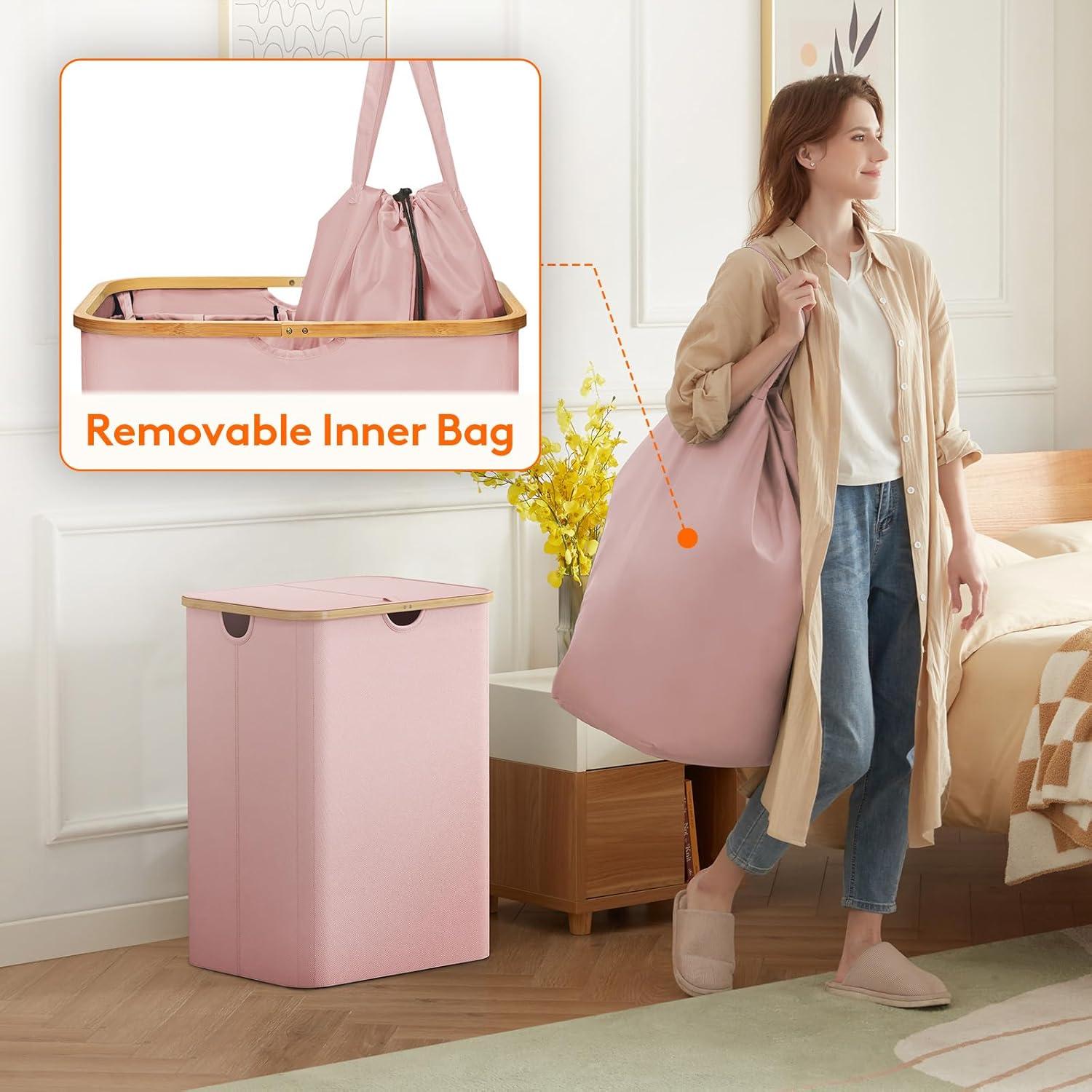 image:imageLifewit 100L Laundry Basket with Lid Clothes Hampers for Laundry with Bamboo Handles and A Removable Bag Large Foldable Laundry Hamper for Bedroom Bathroom Dorm Laundry Room BeigePink