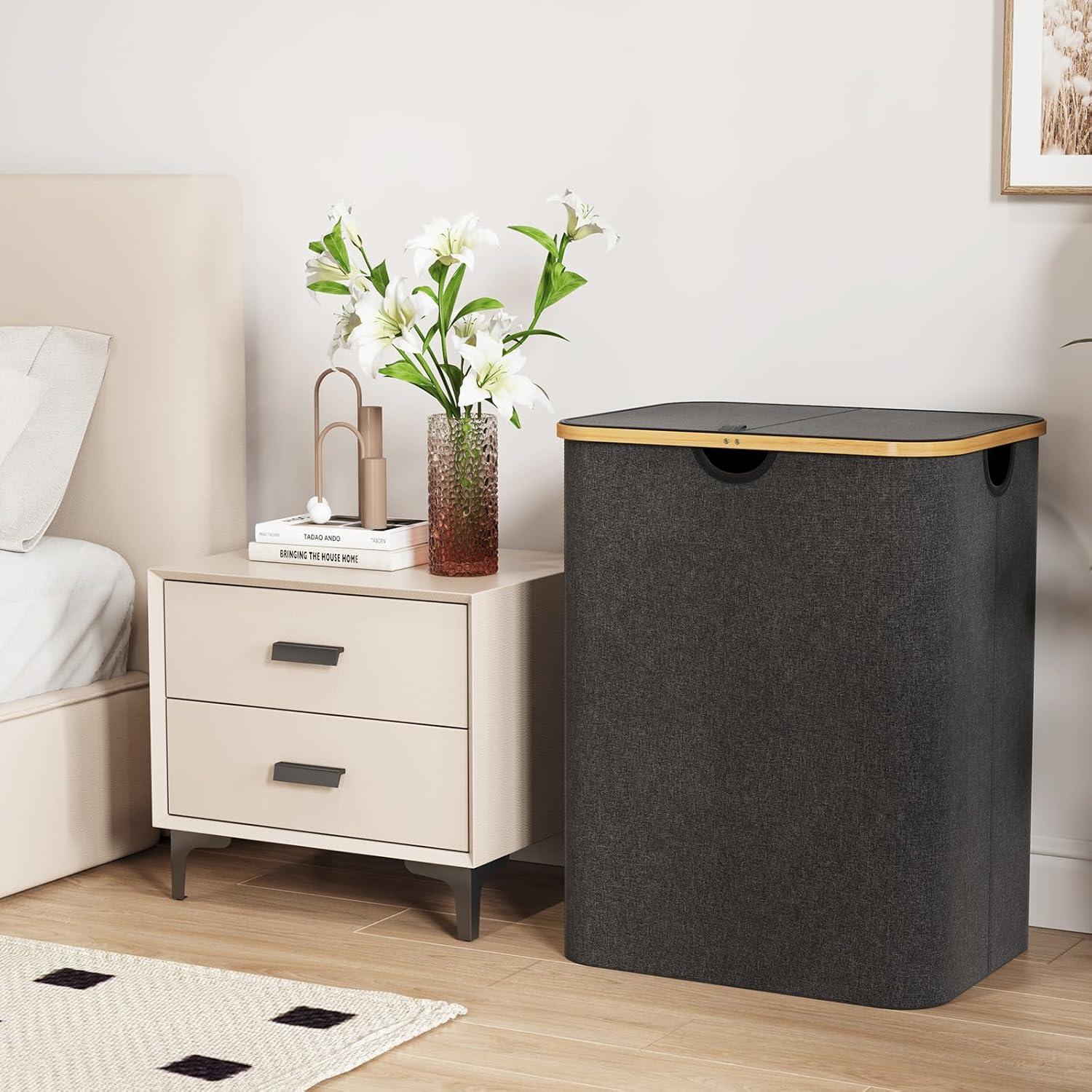 image:imageLifewit 100L Laundry Basket with Lid Clothes Hampers for Laundry with Bamboo Handles and A Removable Bag Large Foldable Laundry Hamper for Bedroom Bathroom Dorm Laundry Room BeigeDark Gray