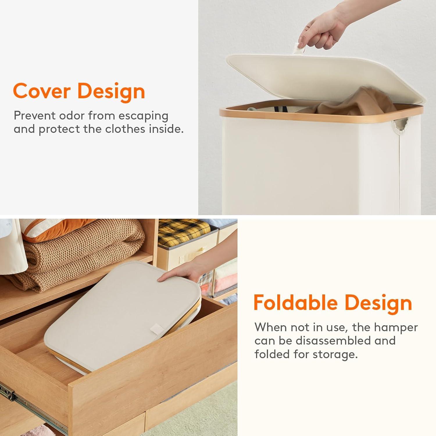 image:imageLifewit 100L Laundry Basket with Lid Clothes Hampers for Laundry with Bamboo Handles and A Removable Bag Large Foldable Laundry Hamper for Bedroom Bathroom Dorm Laundry Room BeigeWhite
