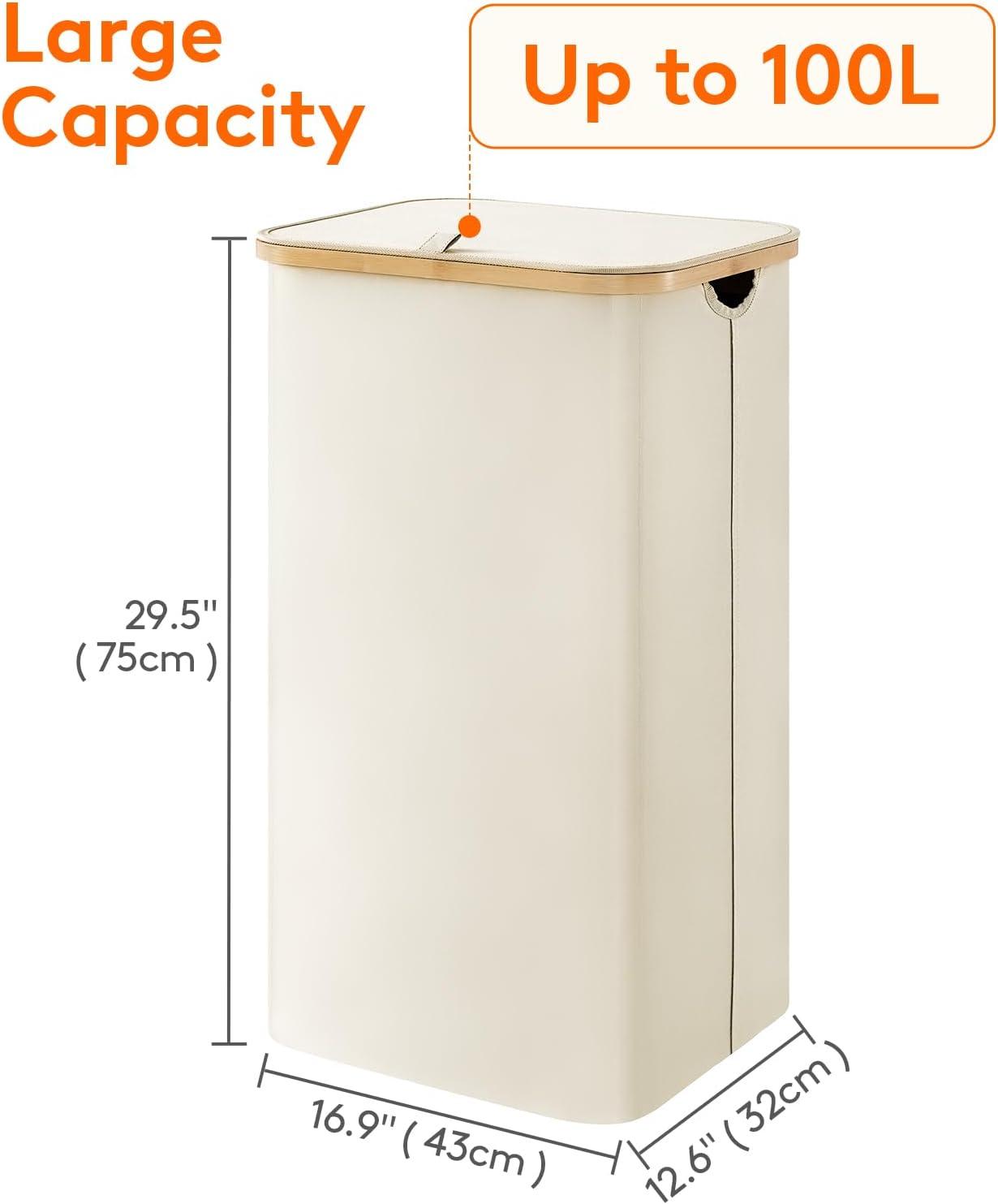image:imageLifewit 100L Laundry Basket with Lid Clothes Hampers for Laundry with Bamboo Handles and A Removable Bag Large Foldable Laundry Hamper for Bedroom Bathroom Dorm Laundry Room BeigeWhite