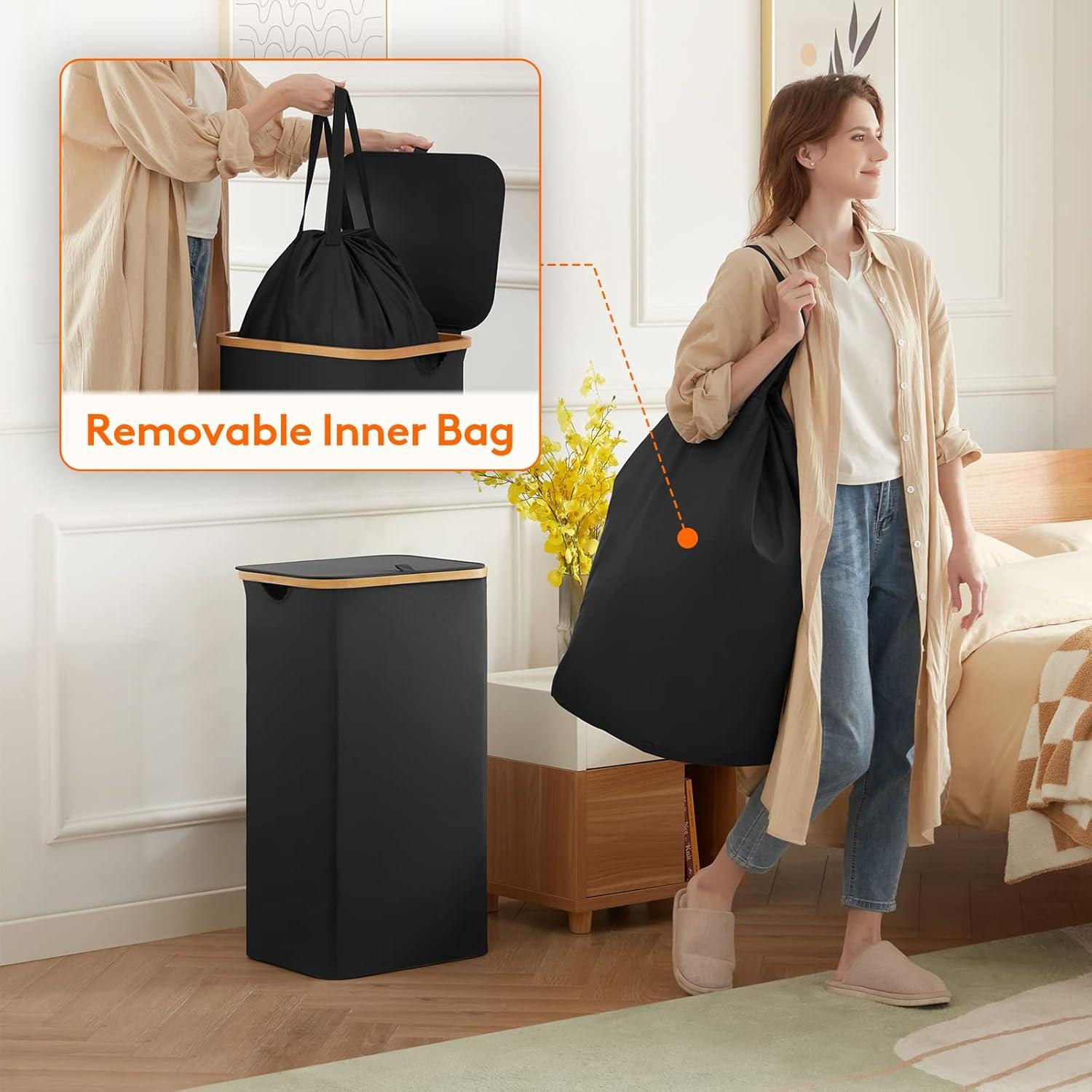 image:imageLifewit 100L Laundry Basket with Lid Clothes Hampers for Laundry with Bamboo Handles and A Removable Bag Large Foldable Laundry Hamper for Bedroom Bathroom Dorm Laundry Room BeigeBlack