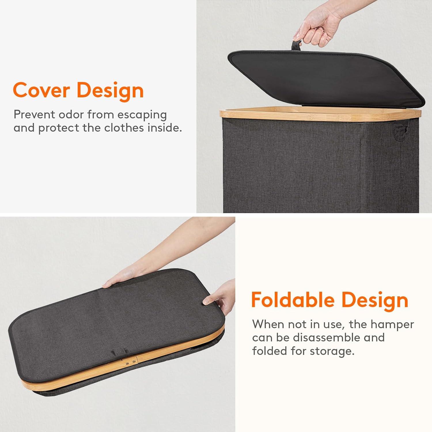 image:imageLifewit 100L Laundry Basket with Lid Clothes Hampers for Laundry with Bamboo Handles and A Removable Bag Large Foldable Laundry Hamper for Bedroom Bathroom Dorm Laundry Room BeigeDark Gray