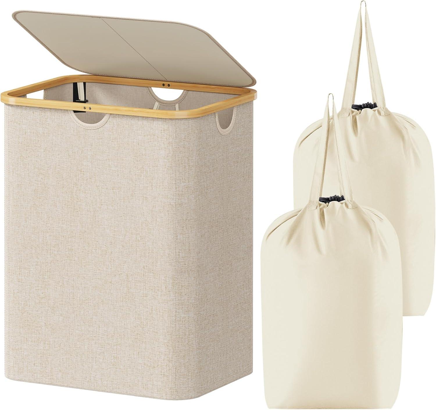 image:imageLifewit 100L Laundry Basket with Lid Clothes Hampers for Laundry with Bamboo Handles and A Removable Bag Large Foldable Laundry Hamper for Bedroom Bathroom Dorm Laundry Room BeigeBeige