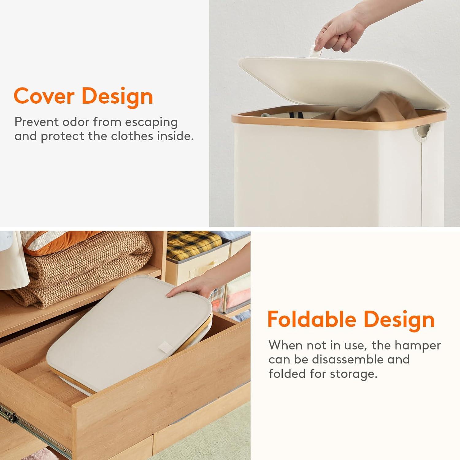 image:imageLifewit 100L Laundry Basket with Lid Clothes Hampers for Laundry with Bamboo Handles and A Removable Bag Large Foldable Laundry Hamper for Bedroom Bathroom Dorm Laundry Room BeigeWhite