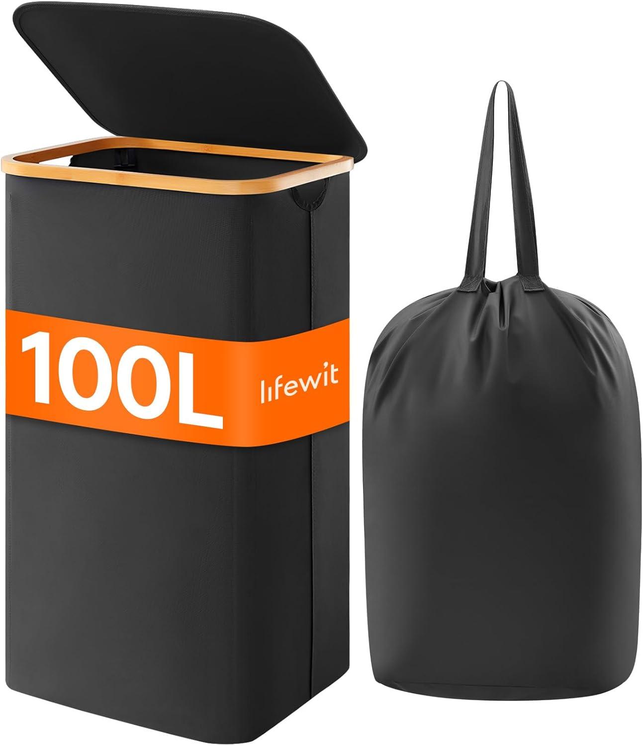 image:imageLifewit 100L Laundry Basket with Lid Clothes Hampers for Laundry with Bamboo Handles and A Removable Bag Large Foldable Laundry Hamper for Bedroom Bathroom Dorm Laundry Room BeigeBlack