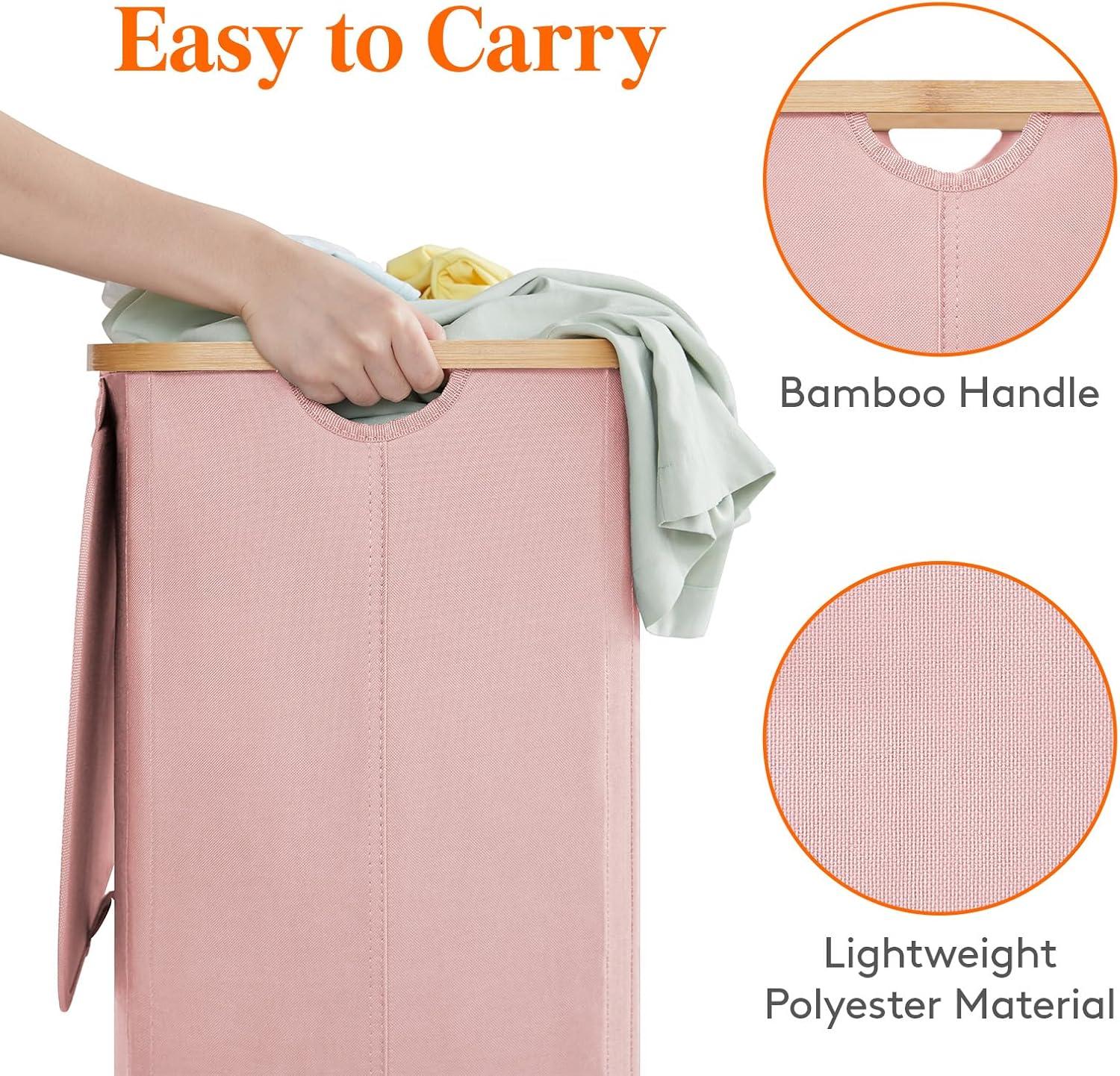 image:imageLifewit 100L Laundry Basket with Lid Clothes Hampers for Laundry with Bamboo Handles and A Removable Bag Large Foldable Laundry Hamper for Bedroom Bathroom Dorm Laundry Room BeigePink