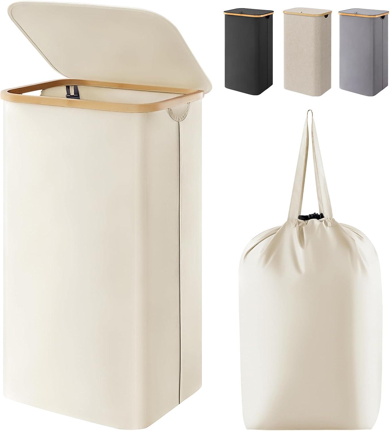 image:imageLifewit 100L Laundry Basket with Lid Clothes Hampers for Laundry with Bamboo Handles and A Removable Bag Large Foldable Laundry Hamper for Bedroom Bathroom Dorm Laundry Room BeigeWhite