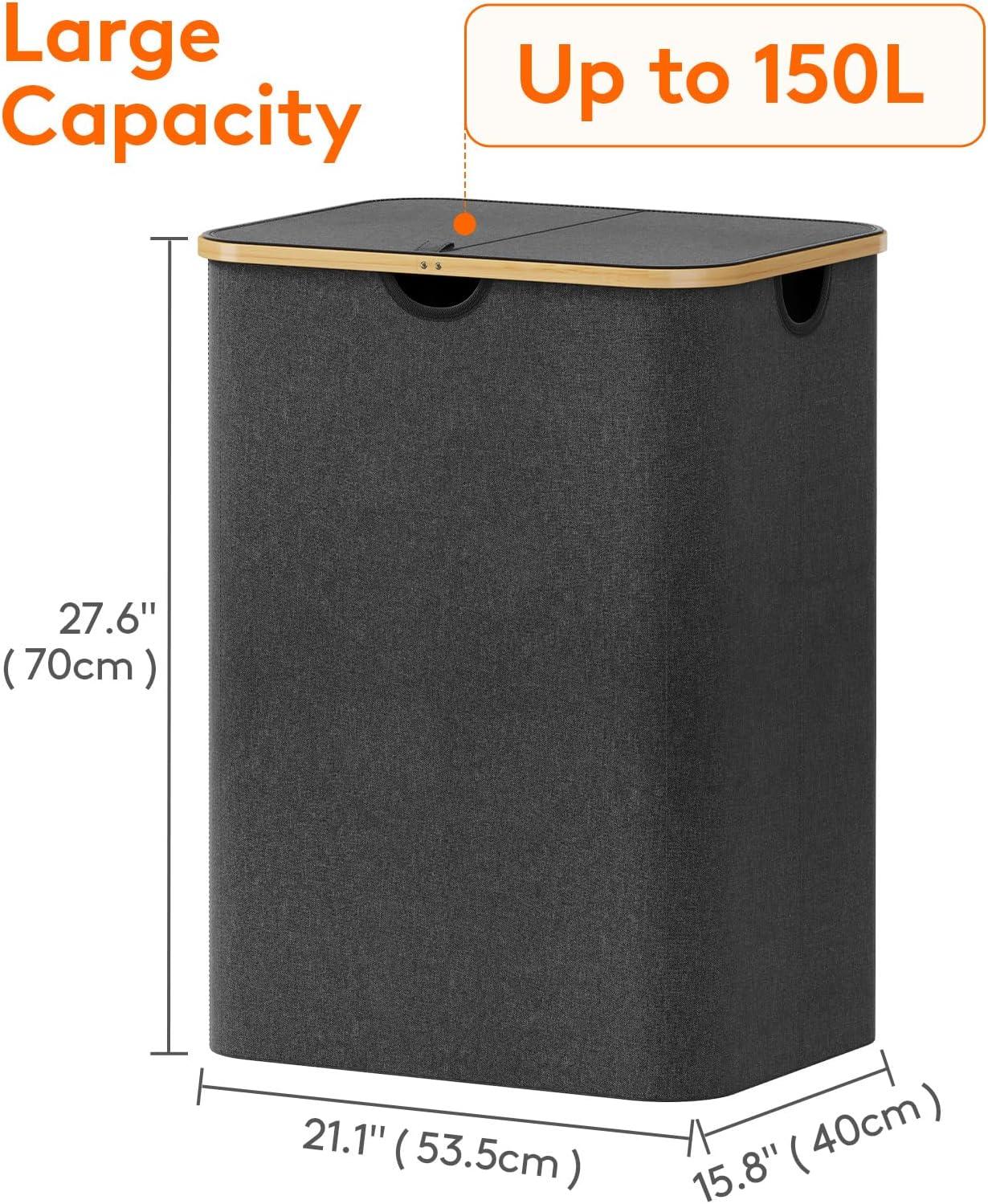 image:imageLifewit 100L Laundry Basket with Lid Clothes Hampers for Laundry with Bamboo Handles and A Removable Bag Large Foldable Laundry Hamper for Bedroom Bathroom Dorm Laundry Room BeigeDark Gray