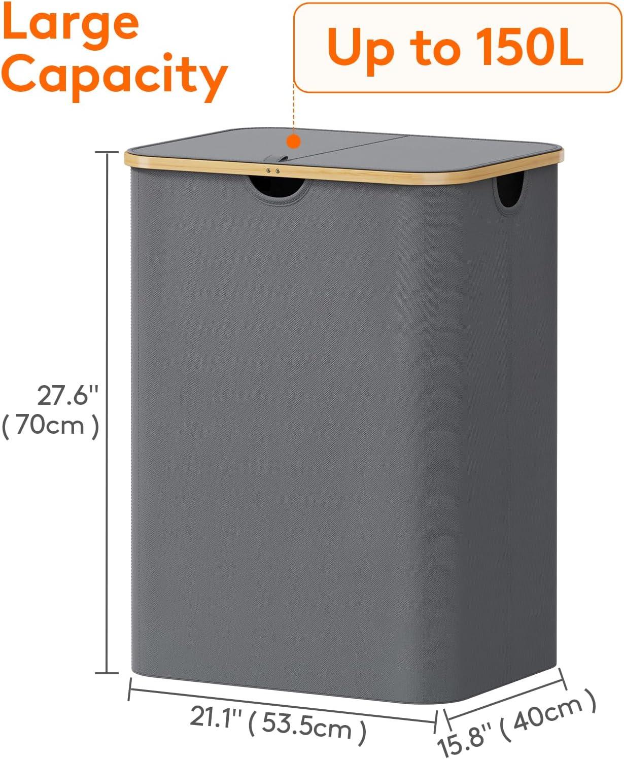image:imageLifewit 100L Laundry Basket with Lid Clothes Hampers for Laundry with Bamboo Handles and A Removable Bag Large Foldable Laundry Hamper for Bedroom Bathroom Dorm Laundry Room BeigeGray
